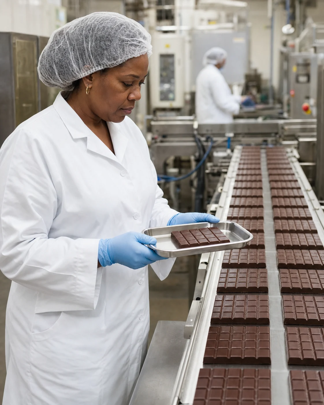 Supervisora realizando un control de calidad en una línea de fabricación de chocolate