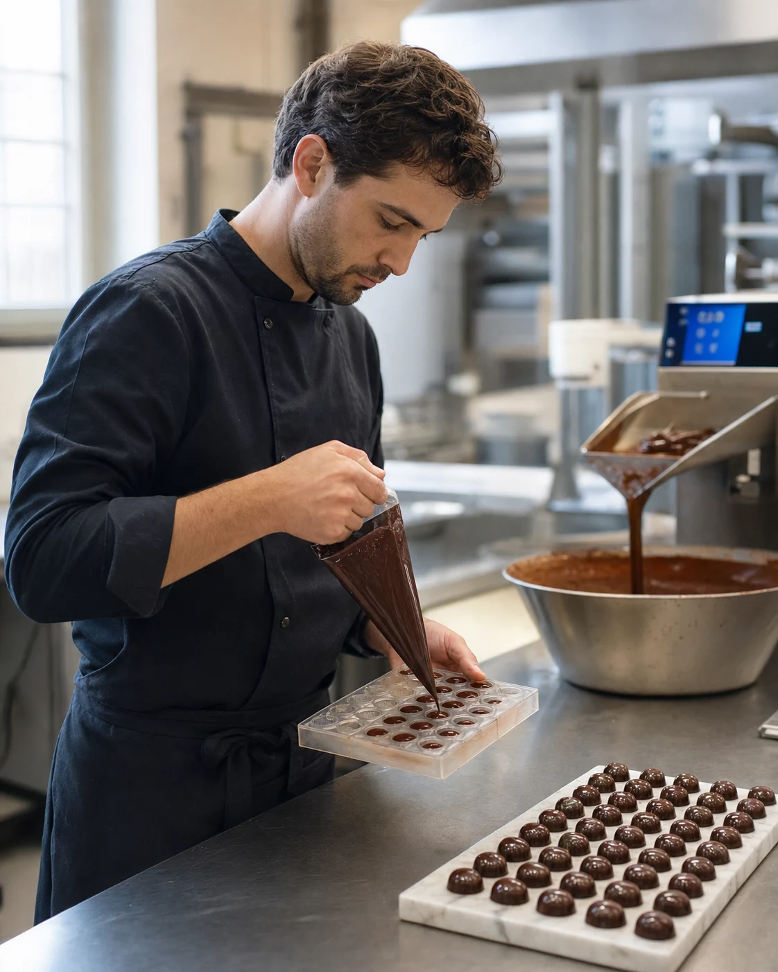 Chocolatero elaborando bombones en un obrador artesanal